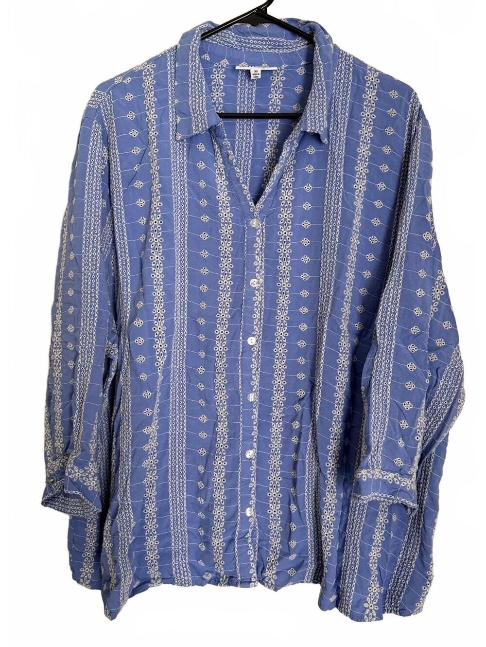 NorthStyle Women's Button Down Blouse Size 3X Blue Emboridered Eyelet Casual